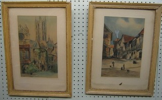 A pair of watercolour drawings "Continental Cathedral and Honey Lane Hereford" monogrammed JT, 11" x 7"