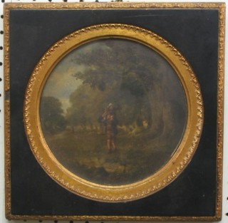 18th Century oil painting on card "Father Giving Child a Piggyback Through Wooded Area" 7" circular, contained in a black and gilt frame