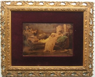 19th Century coloured print on glass "Lady Reclining on a Sofa with Child" 7" x 10" contained in a decorative gilt frames