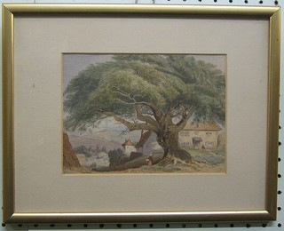 An 18th/19th Century Continental watercolour drawing "House with Stream and Hills in Distance" 6" x 7"