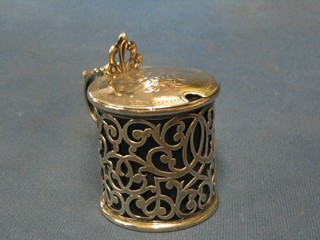 A Victorian pierced silver mustard pot with hinged lid and blue glass liner, London 1847, 3 ozs
