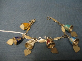 A Thai silver and enamelled bracelet hung 6 enamel bells