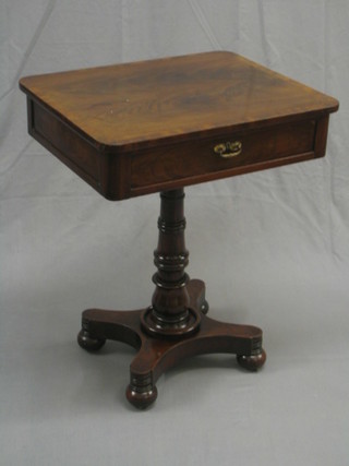 A William IV rectangular mahogany pedestal table with crossbanded top, fitted a frieze drawer, raised on a turned column with tricorn base and bun feet (replacement handle) 24"