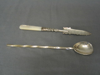 A modern silver jam spoon with spiral decoration and a 19th Century butter spoon with silver handle and mother of pearl blade