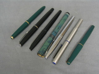 A Parker 17 Lady green fountain pen, an Osmiroid 75 black fountain pen, a Parker Slimford green fountain pen, a modern Parker polished steel cased fountain pen and a black 1960's fountain pen
