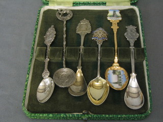 A silver gilt and enamel Masonic tea spoon, decorated the arms of the Shirley Park Lodge and 5 souvenir teaspoons, cased