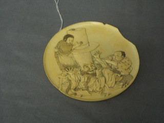 A circular Eastern carved ivory plaque depicting a gentleman with a large top hat, the base with 3 character signature 4" (some severe chips to edge)