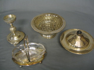 A Victorian engraved silver plated table centre piece base 6", a boat shaped dish with glass liner, a rose bowl with spreader etc and a muffin dish and cover