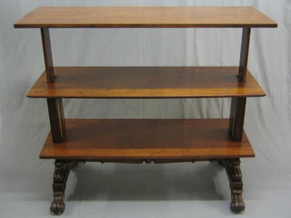 A William IV mahogany 3 tier telescopic dumb waiter, raised on scrolled supports, 53"