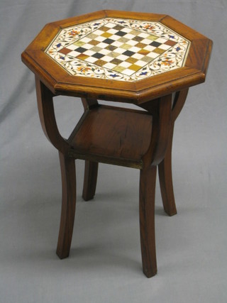 A 19th Century Anglo Indian octagonal hardwood 2 tier occasional table, the upper section set a specimen marble chess board, 20"