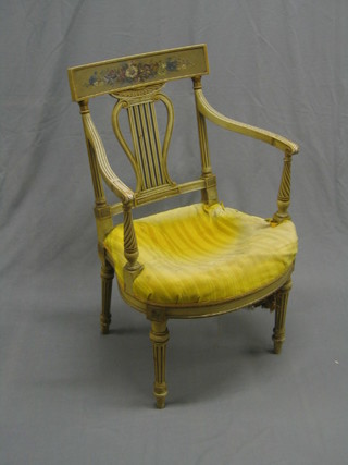 A 19th Century French painted bar back chair with lyre shaped slat and upholstered, raised on turned and fluted supports