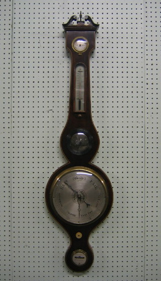 A 19th Century mercury wheel barometer and thermometer contained in a wheel case with silvered dial and damp/dry indicator, thermometer and convex mirror (f), by Cuctiton of London