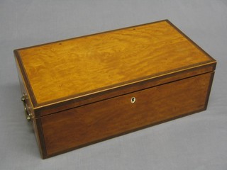 A 19th Century satinwood crossbanded mahogany writing slope with ebony stringing, ivory escutcheon (cracked) and with brass handle to the side 80" (missing reading rest to back)