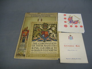 A 1937 Selfridge's decorations for the Coronation pamphlet, a 1937 Coronation programme, 2 1953 Coronation paper napkins, and a Worthing Coronation Ball programme