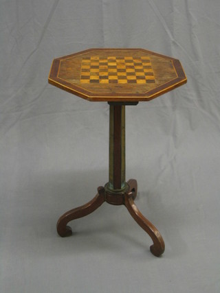 A William IV octagonal inlaid rosewood chess table, raised on chamfered rosewood and brass column with platform base (slight crack to base) 18"