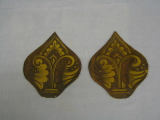 2 18th/19th Century diamond shaped stained glass panels decorated scrolls 7"
