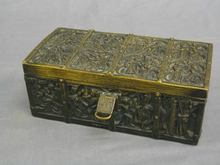 A rectangular embossed brass Dunhill cigarette box with hinged lid, decorated classical scenes 8"