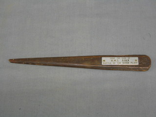 A teak paper knife from the teak of HMS Ajax, the Battle of the River Plate, 9"