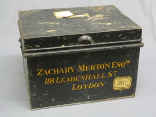 A 19th Century Japanned black metal deed box marked Zachary Merton Esq RE 118 Ledon Hall St. London