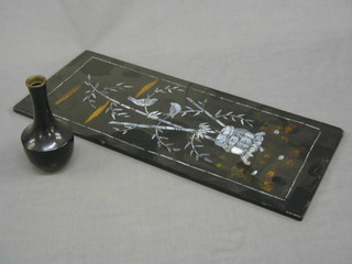 A rectangular Eastern lacquered panel depicting birds amidst branches 20" x 8" and a lacquered club shaped vase 6" (2)