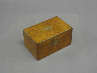 A Victorian maple and metal inlaid twin compartment tea caddy, the lid inlaid with the word Tea, 7 1/2"