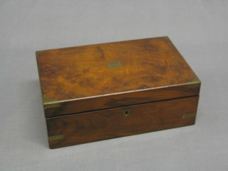A Victorian figured walnut and brass banded writing slope with hinged lid 14"
