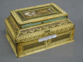 A 19th Century Eastern ivory box with hinged lid dated 1828 10" (heavily damaged)