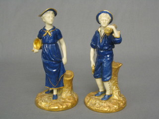 A fine pair of Royal Worcester porcelain figures, Wood Chopper and Milk Maid, the base with purple Royal Worcester mark, 4 dots and 1 star marked 1774 (slight chip to wood chopper's hat) 7 1/2"