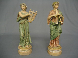 A pair of 19th Century Royal Dux figures of classical lady with lyre and gentleman with winged instrument, base with pink triangular mark and impressed 225 (lady's head f and r, gentleman's laurels chipped) 12"