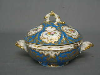 A 19th Century "Sevres" porcelain twin handled circular bowl and cover with gilt floral panel decoration, the base marked MA 8 1/2" (handle f and r)