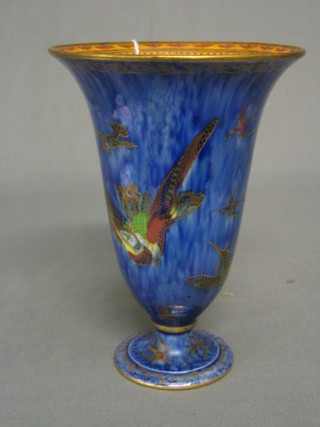 A Wedgwood blue lustre ware trumpet shaped vase decorated birds, raised on a circular spreading foot and with orange lustre interior, base marked Wedgwood England and capital F, (some rubbing to the gilding) 7" 
