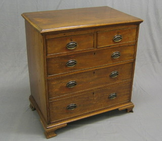 A Georgian mahogany chest of 2 short and 3 long drawers, with replacement brass plate handles, raised on ogee bracket feet (1 f) 33"