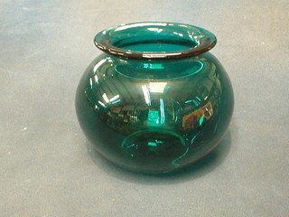 A Whitefriars green glass circular vase 4"