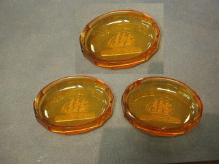 3 Baccarat amber tinted ashtrays 4" (chipped)