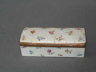 An 18th/19th Century rectangular enamelled trinket box with hinged lid (lid cracked and damaged) 5"
