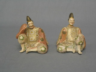 A pair of Japanese Satsuma porcelain figures of seated gentleman 4" (heads f and r)