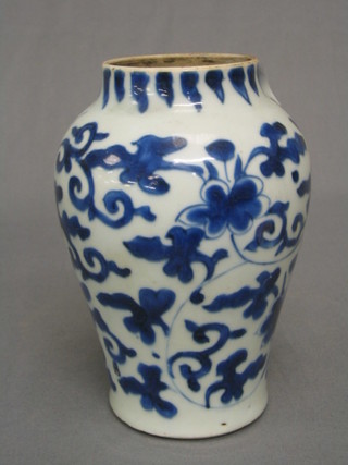 An 18th/19th Century Oriental blue and white vase of tapering form 7" (missing lid)