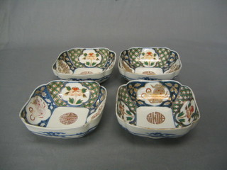 4 19th Century Imari square porcelain bowls with panel decoration, the base base with green seal mark, 5" (2 chipped)