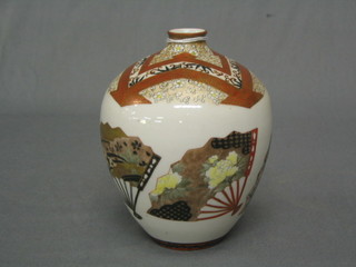 A Japanese Kutana globular shaped vase decorated fans, the base with crossed flag mark and 3 character mark 5"