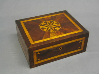 A 19th Century mahogany satinwood and marquetry inlaid trinket box with hinged lid, inset a star burst panel with plush interior, the front with 2 patch repairs, (veneer slightly rising on top) 14"