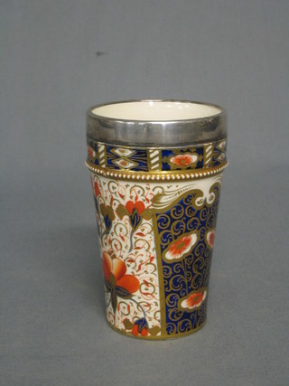 A Devonport Derby style beaker with silver plated rim 5" (some crackling to interior)