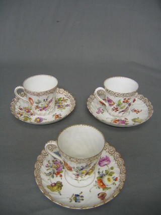 3 19th/20th Century Dresden cups and saucers with floral decoration (saucers marked Dresden)