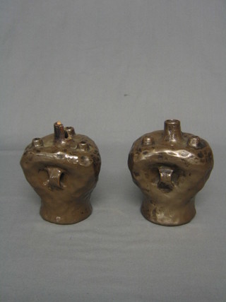 A pair of Bretby triangular shaped pinched pottery vases, base marked Bretby and impressed 1680, 5"