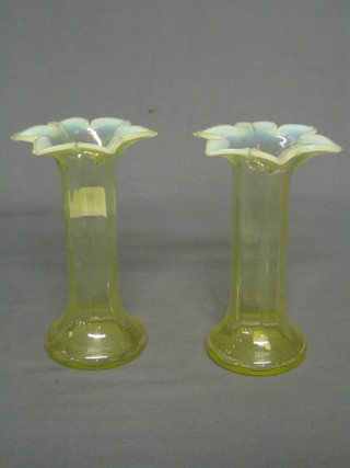 A pair of Vaseline glass vases 7" (chips to rim)