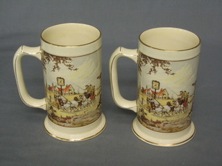 A pair of Newhall pottery tankards decorated Sarey Gamp and Little Nell and her Grand Father with coaching scenes