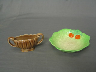 A Wade twin handled boat shaped brown glazed vase 6" and a circular leaf dish 7"