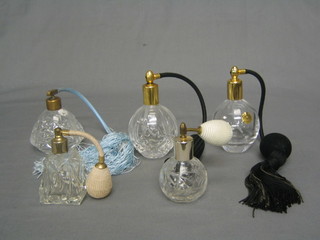 5 various 20th Century cut glass perfume atomisers