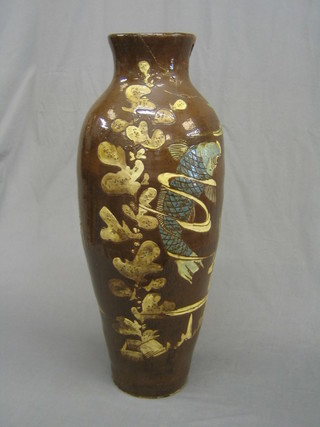 An Edwardian Elliott pottery vase decorated diving fish, (neck heavily F and R) 30"