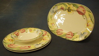 A Villeroy and Boch Canari pattern oval meat plate 14", 2 circular dinner plates 12" and a circular bowl 8"