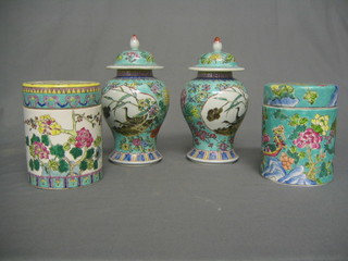 A pair of modern Oriental style porcelain urns and covers 5"  and a pair of circular jars 6"